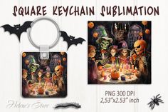 an image of a halloween party with pumpkins and skeletons in the background is featured on this keychain