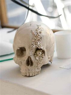 a white skull sitting on top of a table