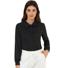 Feel confident flaunting your classic, yet edgy style in this classic peter pan collar office shirt. Featuring button up at front, long puff sleeves, peter collar and princess line. This button-up shirt is a polished piece for the weekend and workday alike. The only improvement a classic button-up shirt needs is a relaxed fit, and that's how this one perfects the beloved staple. Semi-formal Collared Blouse With Placket, Classic Collared Blouse With Placket, Classic Spread Collar Blouse For Office, Classic Lapel Collar Blouse For Office, Classic Collared Blouse For Business, Classic Office Blouse With Spread Collar, Classic Blouse With Lapel Collar For Office, Collared Shirt With Button Cuffs For Office, Office Wear Collared Shirt With Button Cuffs