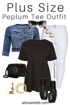 Plus Size Capsule Wardrobe, Apple Shape Outfits, Alexa Webb, Outfit For Spring, Plus Size Peplum, Plus Size Summer Outfit, Cropped Denim Jacket, Tee Outfit, A Plus