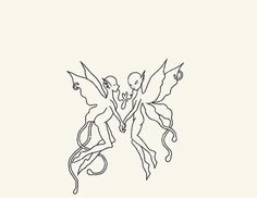 a line drawing of two winged creatures with one holding the other's hand and another flying