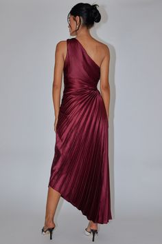 One Shoulder Pleated Dress, Pleated Maxi Dress For Party And Prom Season, One Shoulder Ruched Satin Party Dress, One-shoulder Ruched Satin Party Dress, Pleated Maxi Dress For Prom Season Party, Spring Satin Midi Dress With Pleated Back, Off-shoulder Pleated Midi Cocktail Dress, Pleated Draped Prom Dress, Off-shoulder Ruched Satin Dress For Night Out