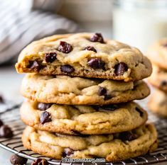 chocolate chip cookies stacked on top of each other