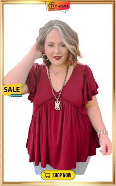 Red Plus Size V Neck Ruffle Sleeve Peplum Blouse Peplum Design, Peplum Designs, Loungewear Dresses, Spaghetti Strap Maxi Dress, Chambray Dress, Peplum Blouse, Stylish Plus, Jeans Size Chart, Neck Ruffle