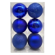 six blue christmas balls in a clear box