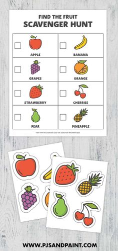 the printable fruit scavenger hunt is shown on a wooden table with two pictures