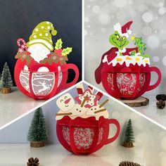 two christmas mugs made out of paper and decorated with decorations