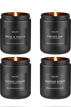 three candles are shown in black tins with the words vintage leather written on them