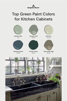 the top green paint colors for kitchen cabinets and counter tops in various shades, with text overlay that reads top green paint colors for kitchen cabinets