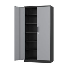 an empty metal storage cabinet with doors open