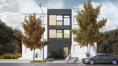 an artist's rendering of a modern apartment building on the corner of a street