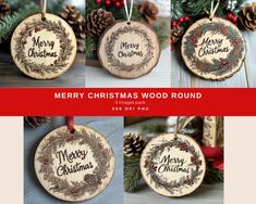 merry christmas wood round ornament with pine cones and holly wreaths on it