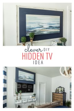 two pictures with the words clever diy hidden tv idea