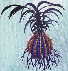 a painting of a plant with purple and orange flowers in it's center, on a blue background