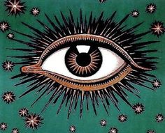 an eye with spikes in the middle and stars around it, as if they were from outer space