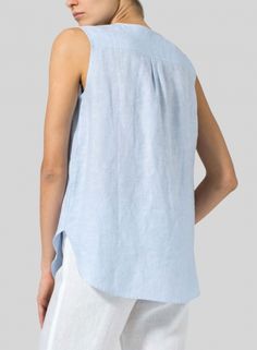 Linen Surplice V-Neck Blouse Flax V-neck Top For Spring, Casual Sleeveless Flax Tank Top, Spring V-neck Flax Top, Versatile Sleeveless Linen Top, Linen V-neck Tank Top For Beach, Sleeveless Linen Top For Everyday, V-neck Linen Tank Top For Beach, Effortless Sleeveless Linen Tank Top, Everyday Sleeveless Linen Top