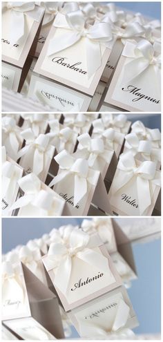 several different pictures of folded cards with bows on them, all in white and black