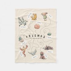 a tea towel with the words friends written on it and various animals around it, all in different colors