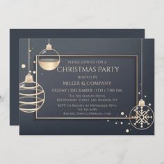 an elegant holiday party card with ornaments