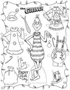 the grin paper doll is shown in black and white, with other items surrounding it