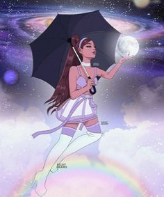 a woman holding an umbrella in front of a rainbow and the stars above her head