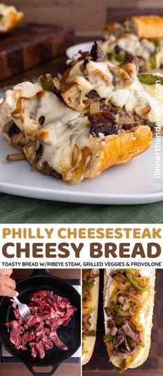 philly cheese steak cheesy bread is shown on a plate