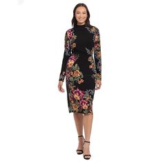 Refresh your wardrobe with this women's London Times mock neck long sleeve floral print sheath midi dress. Click on this WOMEN'S GUIDE to find the perfect fit and more! Refresh your wardrobe with this women's London Times mock neck long sleeve floral print sheath midi dress. Click on this WOMEN'S GUIDE to find the perfect fit and more! FEATURES Sheath silhouette Soft matte jersey constructuion Straight hem Zipper back Long sleeves Partially lined MockneckFIT & SIZING Fitted straight 42 1/2-in. length from shoulder to hem Midi length hits below the kneeFABRIC & CARE Body: polyester, spandex Lining: polyester Machine wash and tumble dry low Imported Size: 12. Color: Black Team Floral. Gender: female. Age Group: adult. Sheath Midi Dress, Petite Size Chart, Mock Neck Long Sleeve, Midi Sheath Dress, Guest Dress, Petite Size, Dress Clothes For Women, Wedding Guest Dress, Midi Length