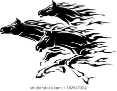 black and white silhouette of horses with flames on the back, tattoo art design for t - shirts or other items