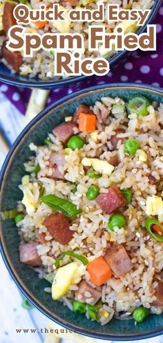 two bowls filled with rice and vegetables on top of a blue plate next to each other