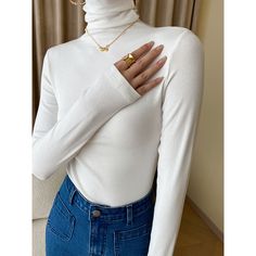 High Neck Elastic White Tight Long Sleeve Shirt Material: 50% Cotton + 50% Polyester Size: M, L Color: White Applicable Scene: Leisure, Daily, Vacation White High Neck Outfit, High Neck Outfit, Tight Long Sleeve Shirt, High Neck Shirts, White Shirt Outfits, Winter Fit, White Turtleneck, Fit Ideas, Basic Tops