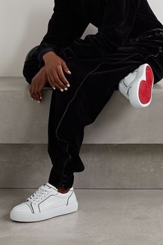 Weiß Vieirissima zweifarbige Sneakers aus Leder | Christian Louboutin | NET-A-PORTER Louboutin Sneakers, Sneaker Outfits Women, Sneakers Women, Feminine Dress, Sneakers Outfit