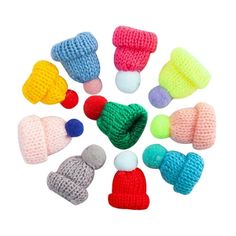 knitted hats and mittens arranged in a circle