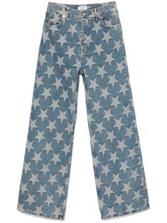 blue cotton denim all-over star pattern front button and zip fastening belt loops classic five pockets straight leg Denim Blue Straight Leg Bottoms With Star Print, Straight Leg Bottoms With Star Print In Denim Blue, Straight Leg Denim Blue Bottoms With Star Print, High Waist Denim Jeans With Star Print, High Waist Star Print Denim Jeans, Star Print Straight Leg Denim Bottoms, Straight Leg Denim Bottoms With Star Print, Blue High Waist Jeans With Star Print, Trendy Straight Leg Flare Jeans With Star Print