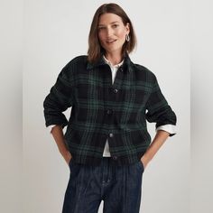 Nwt Madewell Flannel Boxy Shirt-Jacket In Plaid Size Xl Shacket Color: Smoky Spruce Crafted Of A Textural, Heavyweight Flannel, This Boxy Shirt-Jacket Is Designed With A Point Collar, Button-Flap Patch Pockets And Buttons Down The Front. Coming In A Festive Plaid, It's The Perfect Touch Of Versatile Pattern To Rock All Season Long. Regular Fit. Hip Length: Designed To Hit At High Hip Or Below; Tuckable. Body Length From High Point Of Shoulder: Approximately 24" 67% Cotton/32% Polyester/1% Other Fibers. Dry Clean. Imported. Shirt Jacket Womens, Green Plaid Shirt, Madewell Shirts, Madewell Jacket, Boxy Shirt, Oversized Jean Jacket, Tweed Fabric, Madewell Denim, Green Plaid