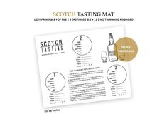 the scotch tasting mat with instructions on it and an image of a bottle next to it