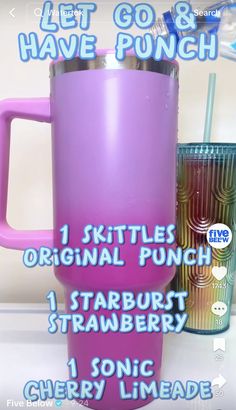 there is a purple coffee cup with the words let go and have punch on it