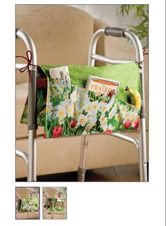 a magazine rack with magazines on it in front of a chair and flowers, plants, and fruit