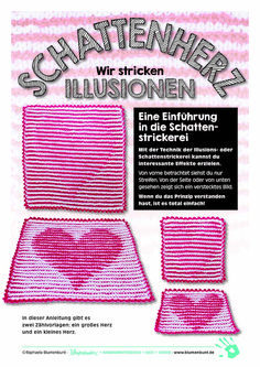 an advertisement for a knitted blanket with hearts on the front and back, in pink