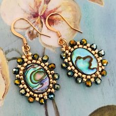 Abalone Seed Bead and Crystal Earrings Dangle Earrings Small | Etsy Elegant Oval Beaded Earrings As Gift, Elegant Oval Beaded Earrings For Gift, Oval Beaded Earrings For Gift, Small Dangle Earrings, Brick Stitch Earrings, Beaded Jewels, Jewelry Words, Beaded Earrings Patterns, Semi Precious Stone