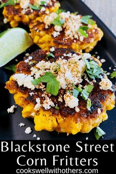 black stone street corn fritters are topped with parmesan cheese and cilantro