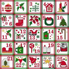 a cross stitch pattern with christmas decorations and numbers on the squares in red, green and white