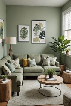 a living room with green walls and furniture