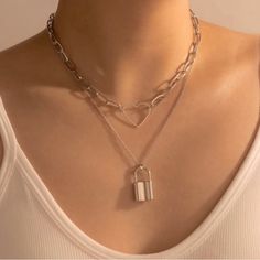 Silver Layered Heart & Lock Pendant Necklace Material: Alloy Heart & Lock Pendant Necklace Lock Pendant, Layered Chain, Layered Chain Necklace, Layered Necklaces Silver, Lock Necklace, Layered Chains, Silver Jewelry Fashion, Faux Pearl Necklace, Glass Bead Necklace