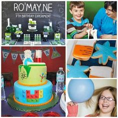 a collage of photos with children and birthday items