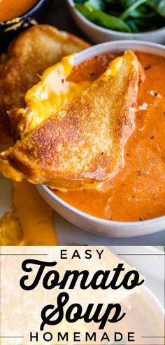 easy tomato soup recipe made in the crock pot and served with grilled cheese