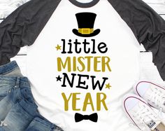 a t - shirt that says little mister new year with a top hat and bow tie