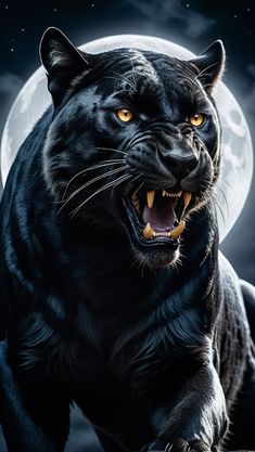 a black panther with its mouth open in front of a full moon