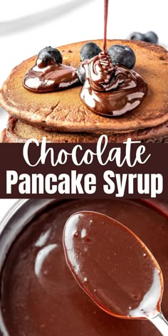 chocolate pancake syrup is being drizzled on top of pancakes