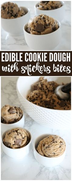 edible cookie dough with stickers bites in white bowls on a marble countertop and text overlay that reads edible cookie dough with stickers bites