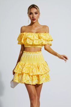 Yellow Two Piece, Glitter Wedding Dress, Charo Ruiz, Cake Skirt, Bandage Midi Dress, Floral Shirt Dress, Puff Sleeve Dresses, Maxi Knit Dress, Floral Ruffle